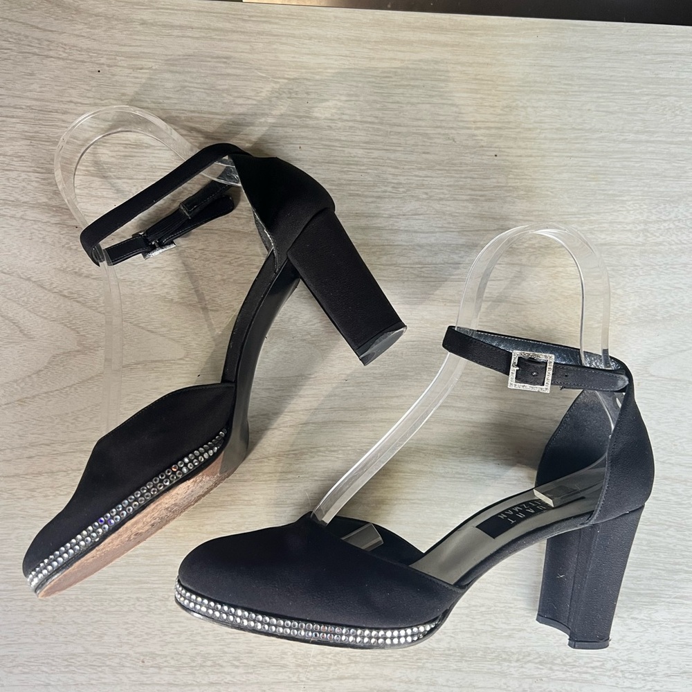 STUART WEITZMAN 90’s Y2K Elegant Black Crepe Heels with Rhinestone Trim 8.5B